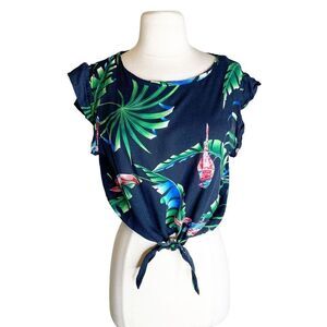 Vintage 80s XS Crop Top Tie Front Blouse Tropical Parrot Monstera Colorful